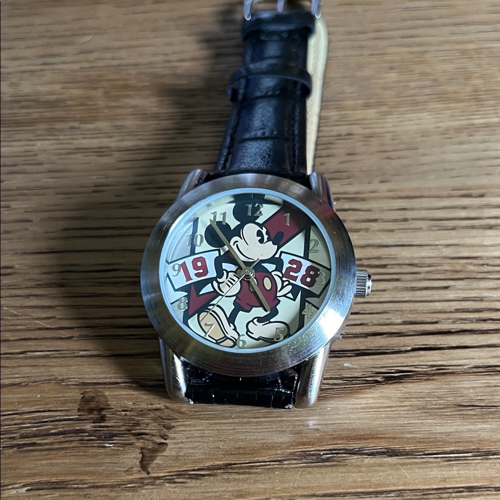 Mickey Mouse Watch With Black Leather Strap Mickey Mouse Watch With Black Leather Strap